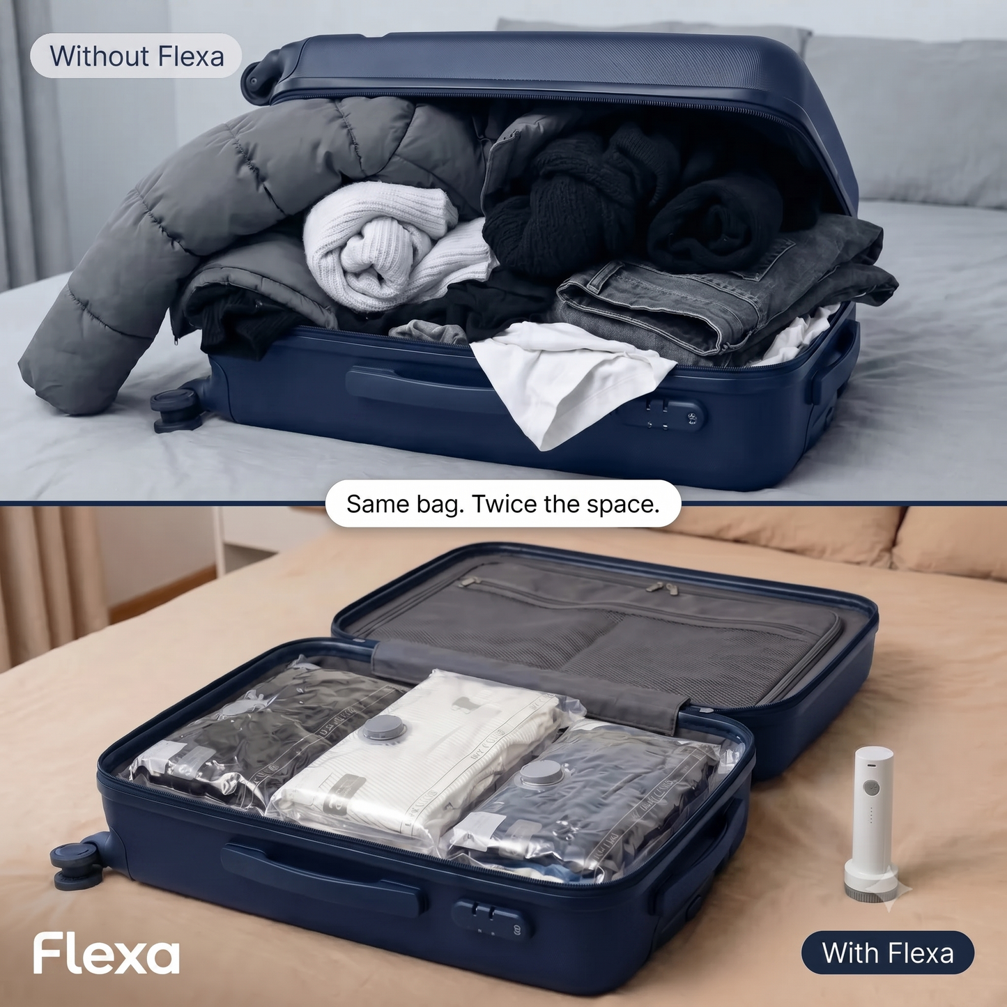 FLEXA VacuPack — Travel Compression Bags with Electric Pump